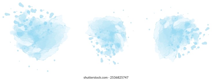 Conjunto de abstrato de água de cor de água ciano suave em um fundo branco. Textura de aquarela vetorial em cor de salada. Mancha de pincel de tinta. Manchas macias de ciano. Mancha pastel aquarela
