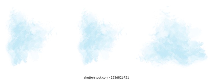 Set of abstract soft cyan watercolor water splash on a white background. Vector watercolour texture in salad color. Ink paint brush stain. Soft cyan splatters spot. Watercolor pastel splash