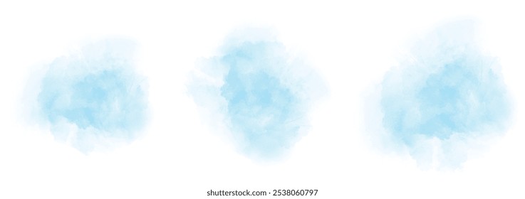 Set of abstract soft cyan watercolor water splash on a white background. Vector watercolour texture in salad color. Ink paint brush stain. Soft cyan splatters spot. Watercolor pastel splash