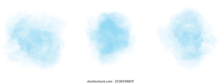 Set of abstract soft cyan watercolor water splash on a white background. Vector watercolour texture in salad color. Ink paint brush stain. Soft cyan splatters spot. Watercolor pastel splash