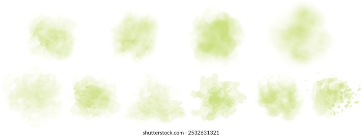 Conjunto de abstrato de água de cor de água verde macia salpicar em um fundo branco. Textura de aquarela vetorial em cor de salada. Mancha de pincel de tinta. Mancha manchas verde suave. Mancha pastel aquarela