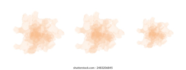 Set of abstract soft orange watercolor water splash on a white background. Vector watercolour texture in salad color. Ink paint brush stain. Soft orange splatters spot. Watercolor pastel splash