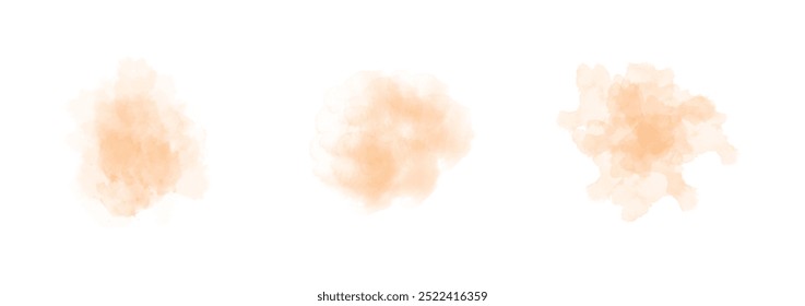 Set of abstract soft orange watercolor water splash on a white background. Vector watercolour texture in salad color. Ink paint brush stain. Soft orange splatters spot. Watercolor pastel splash