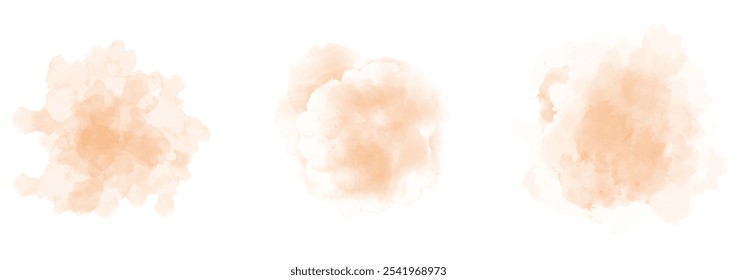 Set of abstract soft orange watercolor water splash on a white background. Vector watercolour texture in salad color. Ink paint brush stain. Soft orange splatters spot. Watercolor pastel splash