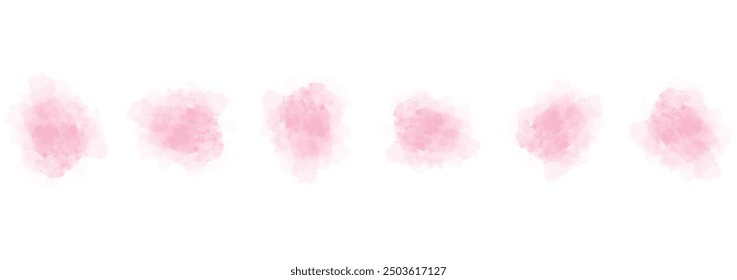 Set of abstract soft pink watercolor water splash on a white background. Vector watercolour texture in salad color. Ink paint brush stain. Soft pink splatters spot. Watercolor pastel splash