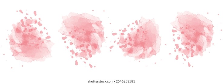 Set of abstract soft red watercolor water splash on a white background. Vector watercolour texture in salad color. Ink paint brush stain. Soft red splatters spot. Watercolor pastel splash
