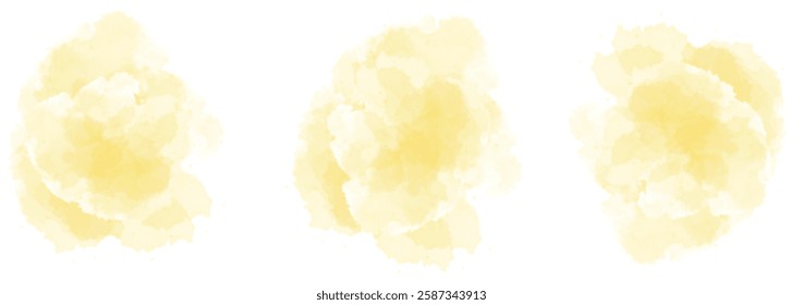 Set of abstract soft yellow watercolor water splash on a white background. Vector watercolour texture in salad color. Ink paint brush stain. Yellow splatters spot. Watercolor pastel splash