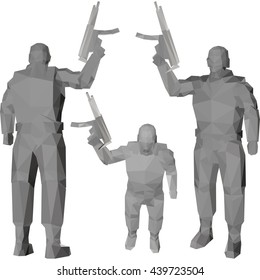 Set of abstract soldiers with guns in low-polygonal style. Conceptual vector illustration.