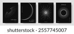 Set of abstract space astronomy backgrounds. Line art planet, galaxy, eclipse, black hole. Science future concept. Cosmic minimalist design for cover, poster, layout, banner, flyer, brochure