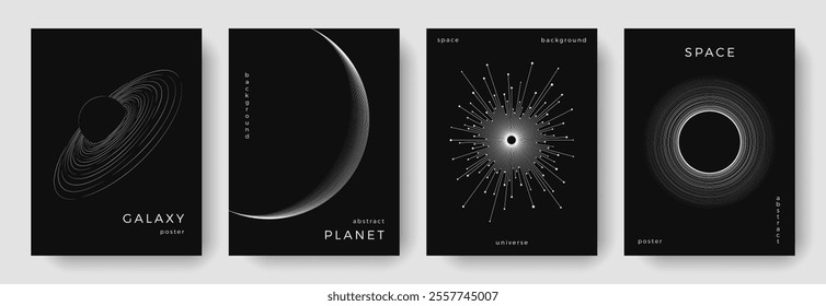 Set of abstract space astronomy backgrounds. Line art planet, galaxy, eclipse, black hole. Science future concept. Cosmic minimalist design for cover, poster, layout, banner, flyer, brochure