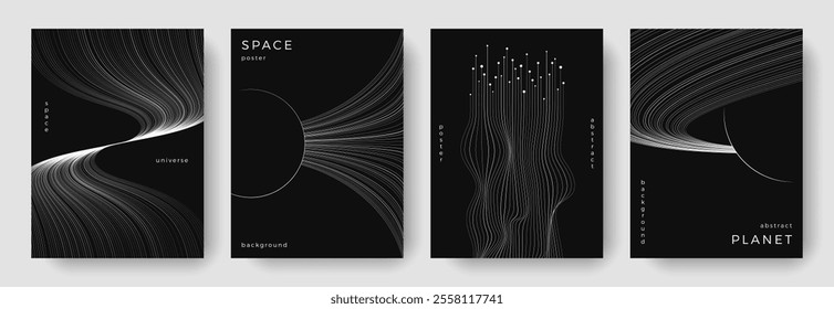 Set of abstract space astronomy backgrounds. Line art planet, galaxy, eclipse, black hole. Science future concept. Cosmic minimalist design for cover, poster, layout, banner, flyer, brochure