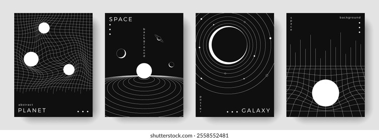 Set of abstract space astronomy backgrounds. Line art planet, galaxy, eclipse, moon. Science future concept. Cosmic minimalist design for cover, poster, layout, banner, flyer, brochure