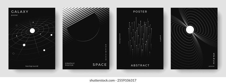 Set of abstract space astronomy backgrounds. Line art planet, galaxy, solar system, meteorite. Science future concept. Cosmic minimalist design for cover, poster, layout, banner, flyer, brochure