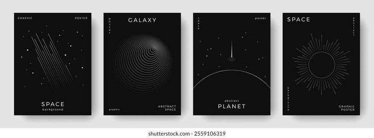 Set of abstract space astronomy backgrounds. Line art planet, galaxy, black hole, solar system, meteorite. Science future concept. Cosmic minimalist design for cover, poster, banner, flyer, brochure