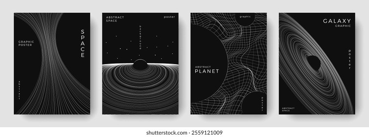 Set of abstract space astronomy backgrounds. Line art planet, galaxy, solar system, black hole. Science future concept. Cosmic minimalist design for cover, poster, layout, banner, flyer, brochure