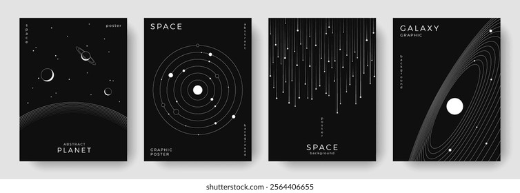 Set of abstract space astronomy backgrounds. Line art planet, galaxy, solar system, meteorite. Science future concept. Cosmic minimalist design for cover, poster, layout, banner, flyer, brochure