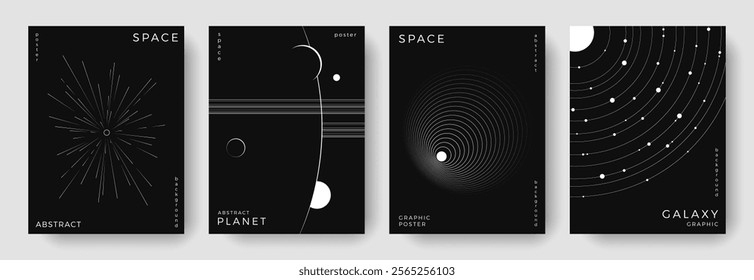 Set of abstract space astronomy backgrounds. Line art planet, galaxy, solar system, meteorite. Science future concept. Cosmic minimalist design for cover, poster, layout, banner, flyer, brochure