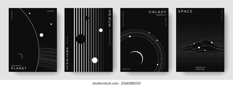 Set of abstract space astronomy backgrounds. Line art planet, galaxy, solar system, universe. Science future concept. Cosmic minimalist design for cover, poster, layout, banner, flyer, brochure