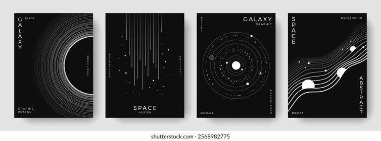 Set of abstract space astronomy backgrounds. Line art galaxy, solar system, universe, black hole. Science future concept. Cosmic minimalist design for cover, poster, layout, banner, flyer, brochure