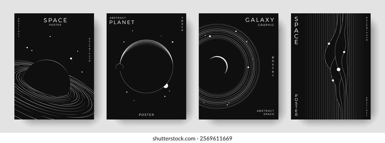 Set of abstract space astronomy backgrounds. Line art galaxy, solar system, planet, black hole. Science future concept. Cosmic minimalist design for cover, poster, layout, banner, flyer, brochure