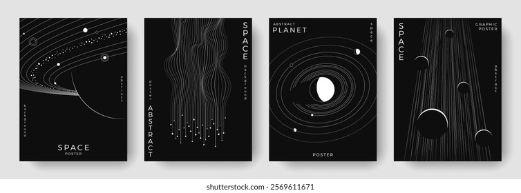 Set of abstract space astronomy backgrounds. Line art planet, galaxy, solar system, meteorites. Science future concept. Cosmic minimalist design for cover, poster, layout, banner, flyer, brochure