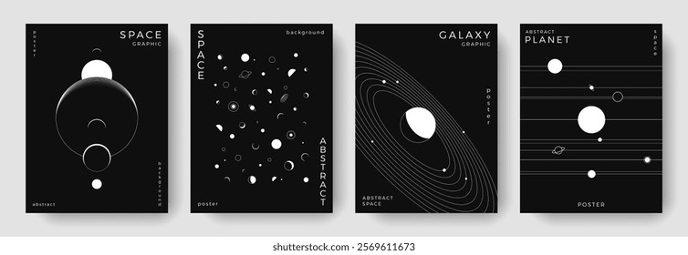 Set of abstract space astronomy backgrounds. Line art planet, galaxy, solar system, universe. Science future concept. Cosmic minimalist design for cover, poster, layout, banner, flyer, brochure