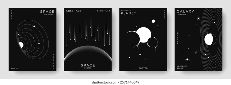 Set of abstract space astronomy backgrounds. Line art galaxy, meteorites, planet, black hole. Science future concept. Cosmic minimalist design for cover, poster, layout, banner, flyer, brochure