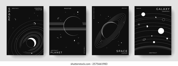 Set of abstract space astronomy backgrounds. Line art galaxy, solar system, planet, black hole. Science future concept. Cosmic minimalist design for cover, poster, layout, banner, flyer, brochure