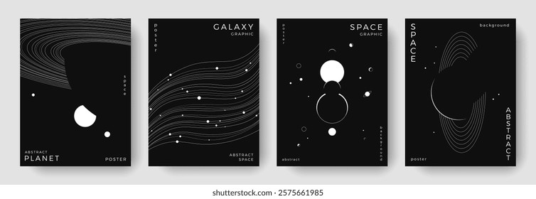 Set of abstract space astronomy backgrounds. Line art galaxy, planet, black hole, universe. Science future concept. Cosmic minimalist design for cover, poster, layout, banner, flyer, brochure