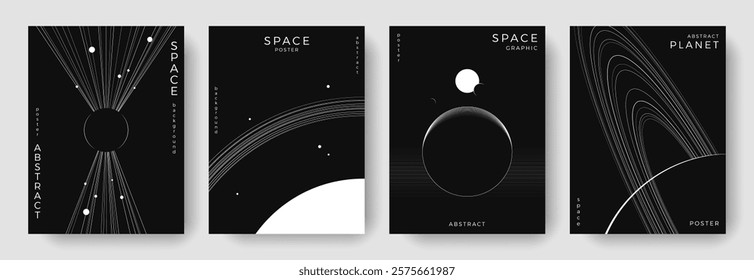 Set of abstract space astronomy backgrounds. Line art galaxy, solar system, planet, black hole. Science future concept. Cosmic minimalist design for cover, poster, layout, banner, flyer, brochure