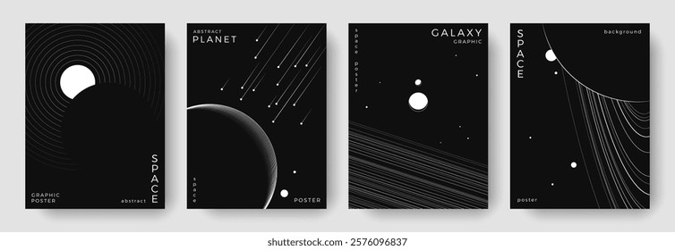 Set of abstract space astronomy backgrounds. Line art galaxy, meteorites, planet, solar system. Science future concept. Cosmic minimalist design for cover, poster, layout, banner, flyer, brochure