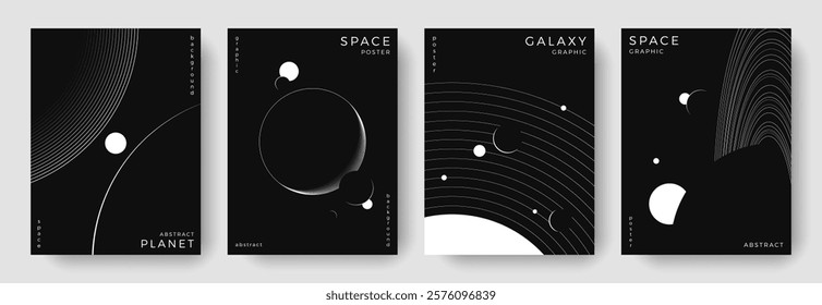 Set of abstract space astronomy backgrounds. Line art galaxy, solar system, planet, black hole. Science future concept. Cosmic minimalist design for cover, poster, layout, banner, flyer, brochure