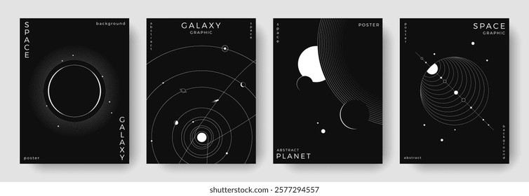 Set of abstract space astronomy backgrounds. Line art galaxy, solar system, planet, black hole. Science future concept. Cosmic minimalist design for cover, poster, layout, banner, flyer, brochure