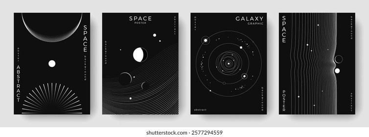 Set of abstract space astronomy backgrounds. Line art galaxy, universe, planet, solar system. Science future concept. Cosmic minimalist design for cover, poster, layout, banner, flyer, brochure