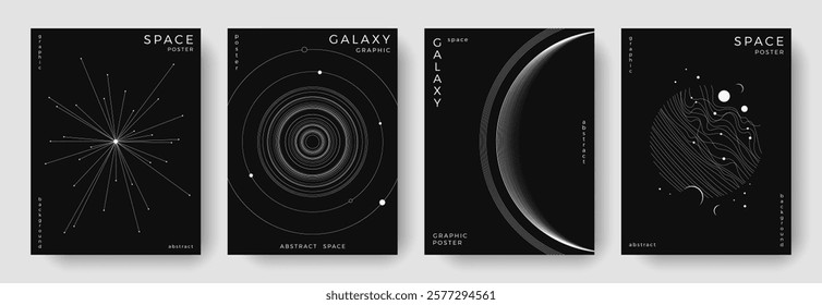 Set of abstract space astronomy backgrounds. Line art galaxy, meteorites, planet, solar system. Science future concept. Cosmic minimalist design for cover, poster, layout, banner, flyer, brochure