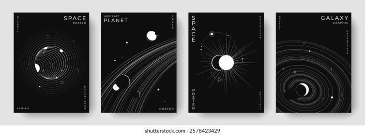 Set of abstract space astronomy backgrounds. Line art galaxy, solar system, planet, black hole. Science future concept. Cosmic minimalist design for cover, poster, layout, banner, flyer, brochure