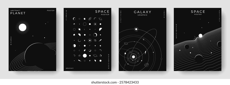 Set of abstract space astronomy backgrounds. Line art galaxy, universe, planet, solar system. Science future concept. Cosmic minimalist design for cover, poster, layout, banner, flyer, brochure