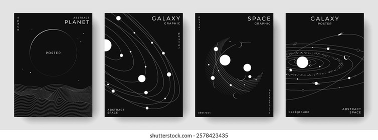 Set of abstract space astronomy backgrounds. Line art galaxy, solar system, planet, black hole. Science future concept. Cosmic minimalist design for cover, poster, layout, banner, flyer, brochure