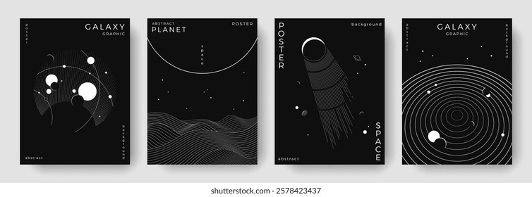 Set of abstract space astronomy backgrounds. Line art galaxy, meteorites, planet, solar system. Science future concept. Cosmic minimalist design for cover, poster, layout, banner, flyer, brochure