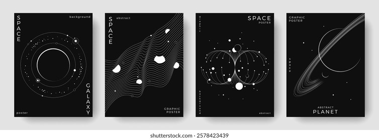 Set of abstract space astronomy backgrounds. Line art galaxy, universe, planet, solar system. Science future concept. Cosmic minimalist design for cover, poster, layout, banner, flyer, brochure