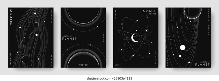 Set of abstract space astronomy backgrounds. Line art galaxy, universe, planet, solar system. Science future concept. Cosmic minimalist design for cover, poster, layout, banner, flyer, brochure