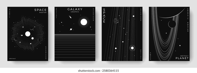 Set of abstract space astronomy backgrounds. Line art galaxy, universe, planet, solar system. Science future concept. Cosmic minimalist design for cover, poster, layout, banner, flyer, brochure