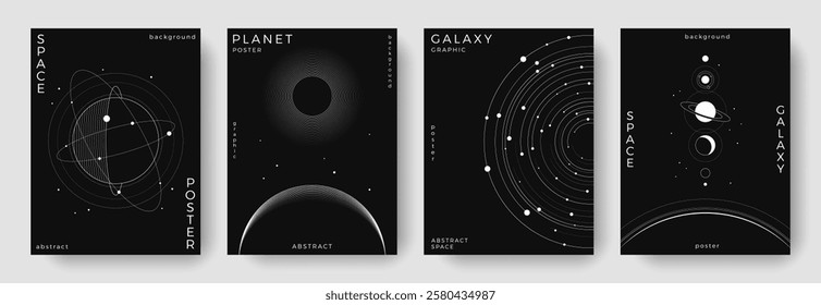 Set of abstract space astronomy backgrounds. Line art galaxy, universe, planet, solar system. Science future concept. Cosmic minimalist design for cover, poster, layout, banner, flyer, brochure