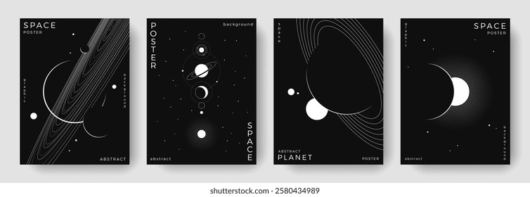 Set of abstract space astronomy backgrounds. Line art galaxy, universe, planet, solar system. Science future concept. Cosmic minimalist design for cover, poster, layout, banner, flyer, brochure