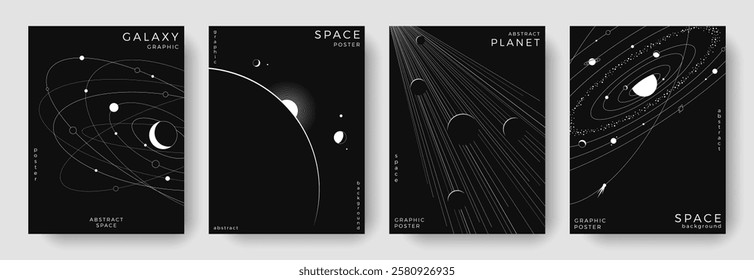 Set of abstract space astronomy backgrounds. Line art galaxy, universe, planet, solar system. Science future concept. Cosmic minimalist design for cover, poster, layout, banner, flyer, brochure