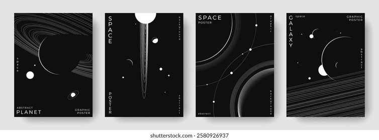 Set of abstract space astronomy backgrounds. Line art galaxy, universe, planet, solar system. Science future concept. Cosmic minimalist design for cover, poster, layout, banner, flyer, brochure