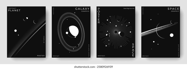 Set of abstract space astronomy backgrounds. Line art galaxy, universe, planet, solar system. Science future concept. Cosmic minimalist design for cover, poster, layout, banner, flyer, brochure