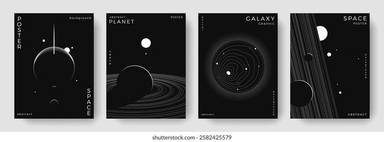 Set of abstract space astronomy backgrounds. Line art galaxy, solar system, planet, black hole. Science future concept. Cosmic minimalist design for cover, poster, layout, banner, flyer, brochure