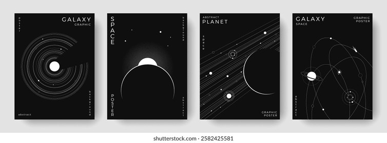 Set of abstract space astronomy backgrounds. Line art galaxy, universe, planet, solar system. Science future concept. Cosmic minimalist design for cover, poster, layout, banner, flyer, brochure