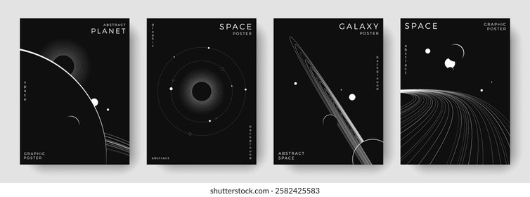 Set of abstract space astronomy backgrounds. Line art galaxy, solar system, planet, black hole. Science future concept. Cosmic minimalist design for cover, poster, layout, banner, flyer, brochure